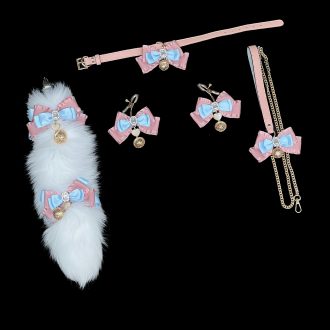 Pink Blue Satin Ribbon Dance Collar with Fox Tail & Anal Plug Set