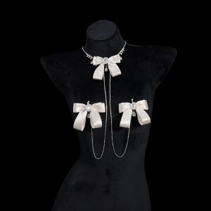 Champagne Gold Rhinestone Nipple Clamps with Chest Chain - Detachable Bow Accent