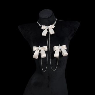 Champagne Gold Rhinestone Nipple Clamps with Chest Chain - Detachable Bow Accent