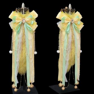 40cm Real Fox Fur Tail Anal Plug with Light Yellow Bow and Bell