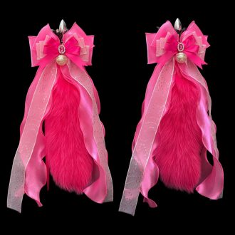 40cm Fluorescent Pink Fox Fur Tail Plug with Rose Red Bow and Bell