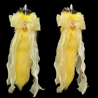 40cm Yellow Fox Fur Tail Anal Plug with Detachable Bow and Bell