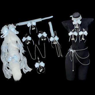 Blue Fox Tail Butt Plug with Bell Nipple Clamps