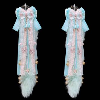 60cm Mint Green Fox Real Wool Tail with Pink Bow Bell