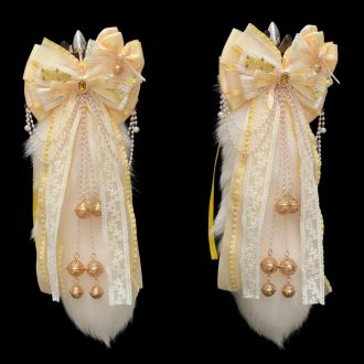 Handmade Light Yellow Bow Bell Anal Plug with Real Fox Fur Tail