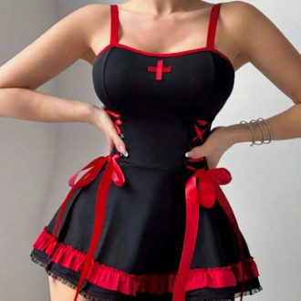 Sexy Black & Red Nurse Lingerie Costume for Women