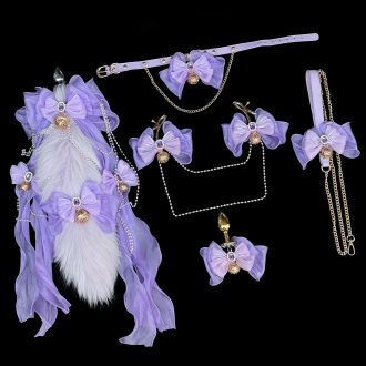 Lavender Fox Tail Nipple Clamps with Purple Yarn Bow Bell