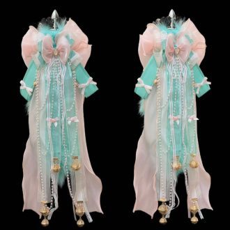 40cm Green Fox Real Wool Tail with Pink Bow - Handmade Ringing Butt Plug