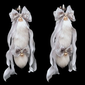 Galaxy Track 40cm Silver Gray Fox Real Wool Tail with Detachable Bow and Bell