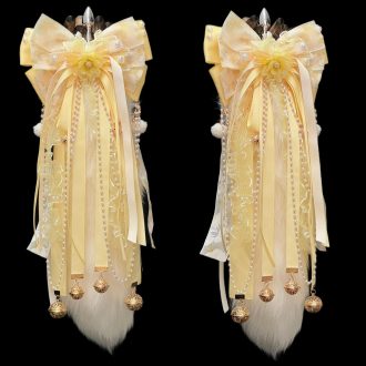 Golden Osmanthus Fox Tail Anal Plug - Handmade Light Yellow Fur with Bell Bow