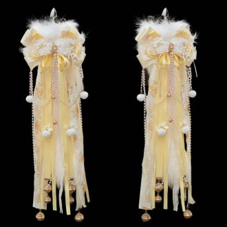 40cm Real Wool Fox Tail Butt Plug - Milky Yellow Bow & Bell