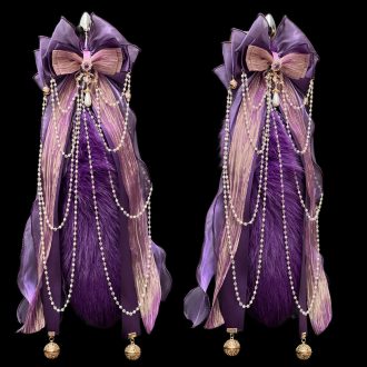 Deep Purple Fox Fur Tail Anal Plug with Bowknot - Handmade Heavy Craft