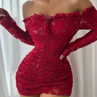 Off-Shoulder Lace Hollow-Out Sheath Lingerie Set - Sexy Two-Piece Underwear