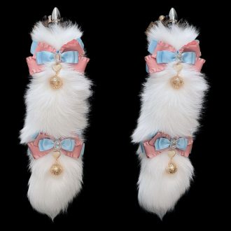 40cm Fox Real Fur Tail with Satin Ribbon Dance & Pink Blue Bow - Anal Plug with Bell