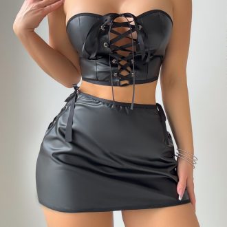 Black Patent Leather Strapless Lace-Up Lingerie - Tempting & Sexy