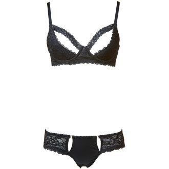 Black Soft Lace Thin Cotton Cup Steel Ring Bra & Low Waist Briefs Sexy Bust Set