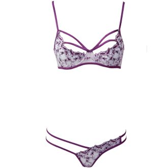 Dew Purple Embroidered Bra & Low Waist Pants Set with Steel Ring Flash Shoulder Strap