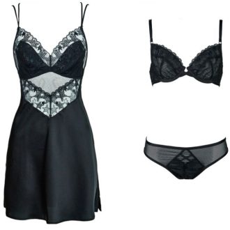 Star Embroidered Mesh Bra & Low Waist Briefs Set - Black