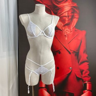 White Lace Cut Out Underwire Bra & Garter Panty Set - Blue