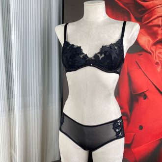 Fj Laser Floral Embroidery Memory Steel Ring Bra & Low Waist Briefs Set - Women's Quality Intimates