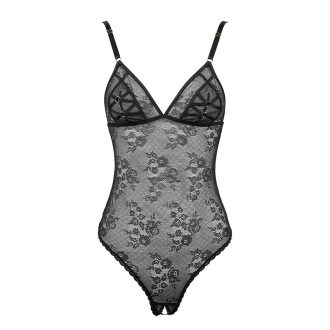 Black Lace See-Through Jumpsuit Pajamas with Open Crotch and Temptation Straps for Women