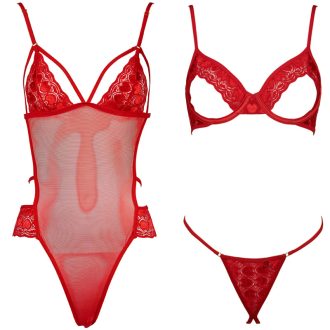 Valentine's Day Gift Sexy Underwire Open-Chest Heart Lace Crotchless Thong Set Erotic