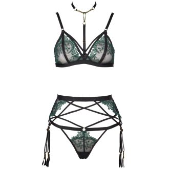 Delicate Green Embroidery Black Mesh Triangle Cup Thong Suit with Diamond Chain Neck