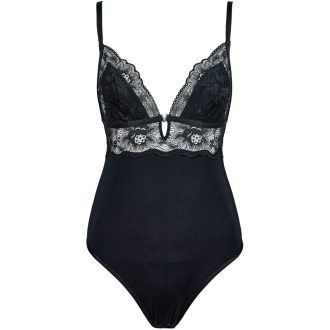 Women's Black Lace V-Neck Cotton Crotch Bodysuit Jumpsuit