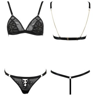 Black Lace Triangle Cup Wireless Bra & Low Waist Thong Set with Gold Chain Strap