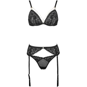 Black French Lace Triangle Bra Thong Garter Belt Set