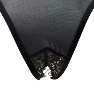 Sexy Black Lace Mesh Jumpsuit with Open Crotch and Hip Detail