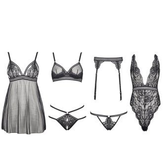 Black Lace See-Through Mesh Sexy Jumpsuit Nightdress with Triangle Cups & Garter