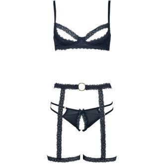 Black Lace Trim Padded Underwire Bra & Thong Garter Set for Women