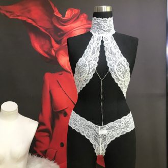 White Halter Lace Detachable Rhinestone Sexy Women's Jumpsuit Teddy