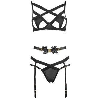 Sexy Black Steel Ring Bra Set with Removable Garter & Low Waist Briefs