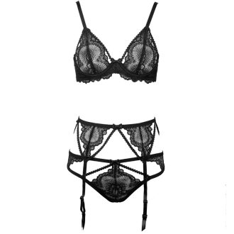 Black Lace Hollow-Out Sexy Bra & Garter Set - Thin Cup Lingerie with Matching Panty