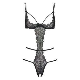 Black Eyelash Lace One-Piece Lingerie with Open Crotch and Steel Ring