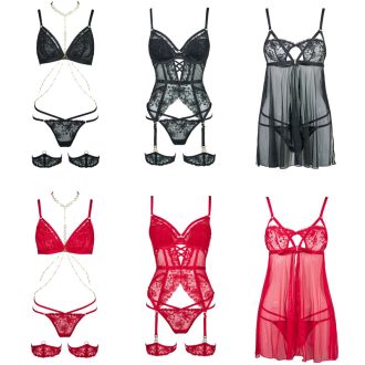 Black Mesh Sheer Embroidered Lingerie Set for Women - Sexy Waist-Cinching Nightdress