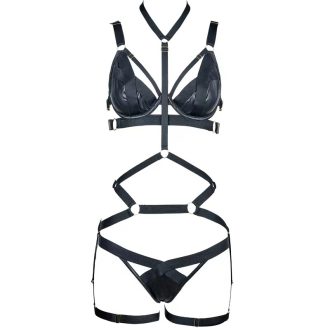 Matte Faux Leather Halter Bra & Thong Set with Adjustable Steel Ring and Leg Garter