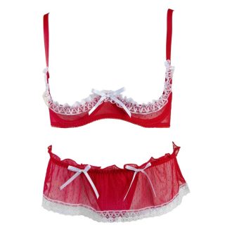 FQ2502 sexy lingerie exposed breast low waist thong set chest support set women's sexy lace polka dot mesh fabric Red