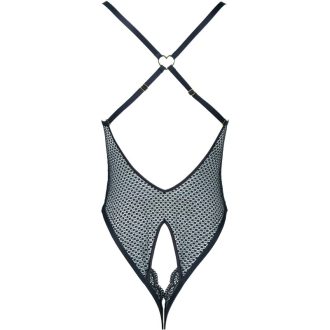 Black Mesh Heart Buckle Open Crotch Jumpsuit Sexy Perspective Temptation