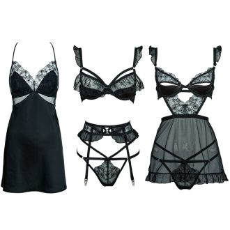 Black Heart Embroidered Mesh Satin Nightgown with Detachable Bra