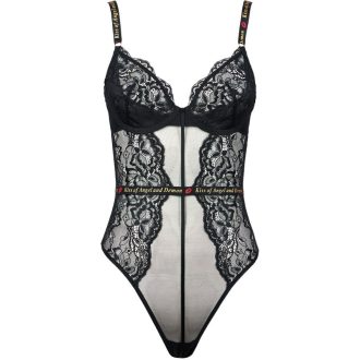 Black Lace Mesh Suspender Bra Jumpsuit with Steel Ring and Open Crotch