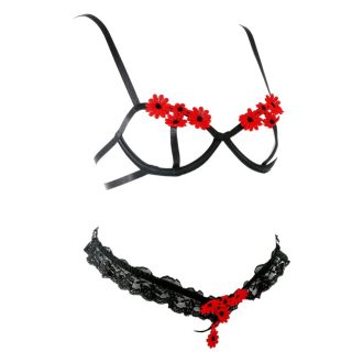 FJ255 Small Chest AA Cup Sexy Underwear Open Set Chest Set Women's Sexy Lace Embroidered Daisy Hollow