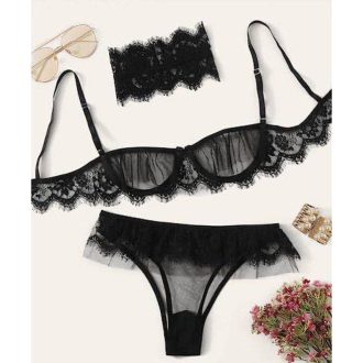 Ruffled Tulle Lace Bra & Panty Set with Eye Mask