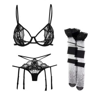 Bella Hollow Lace Sexy Temptation Bra & Garter Set for Women