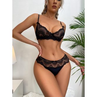 French Style Transparent Lace Bra & Thong Set - Sexy Floral Perspective Lingerie