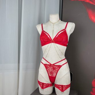 Red Embroidered Triangle Cup Mesh Lined Halter Body Chain Low Waist T-Pants