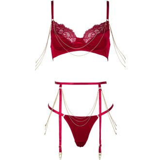 Luxury Velvet Lace French Bra & Briefs Set with Gold Chain Detail