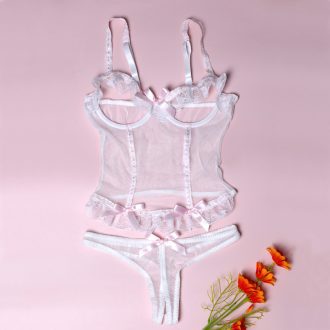 Pink Lace Mesh Perspective Bow Bra